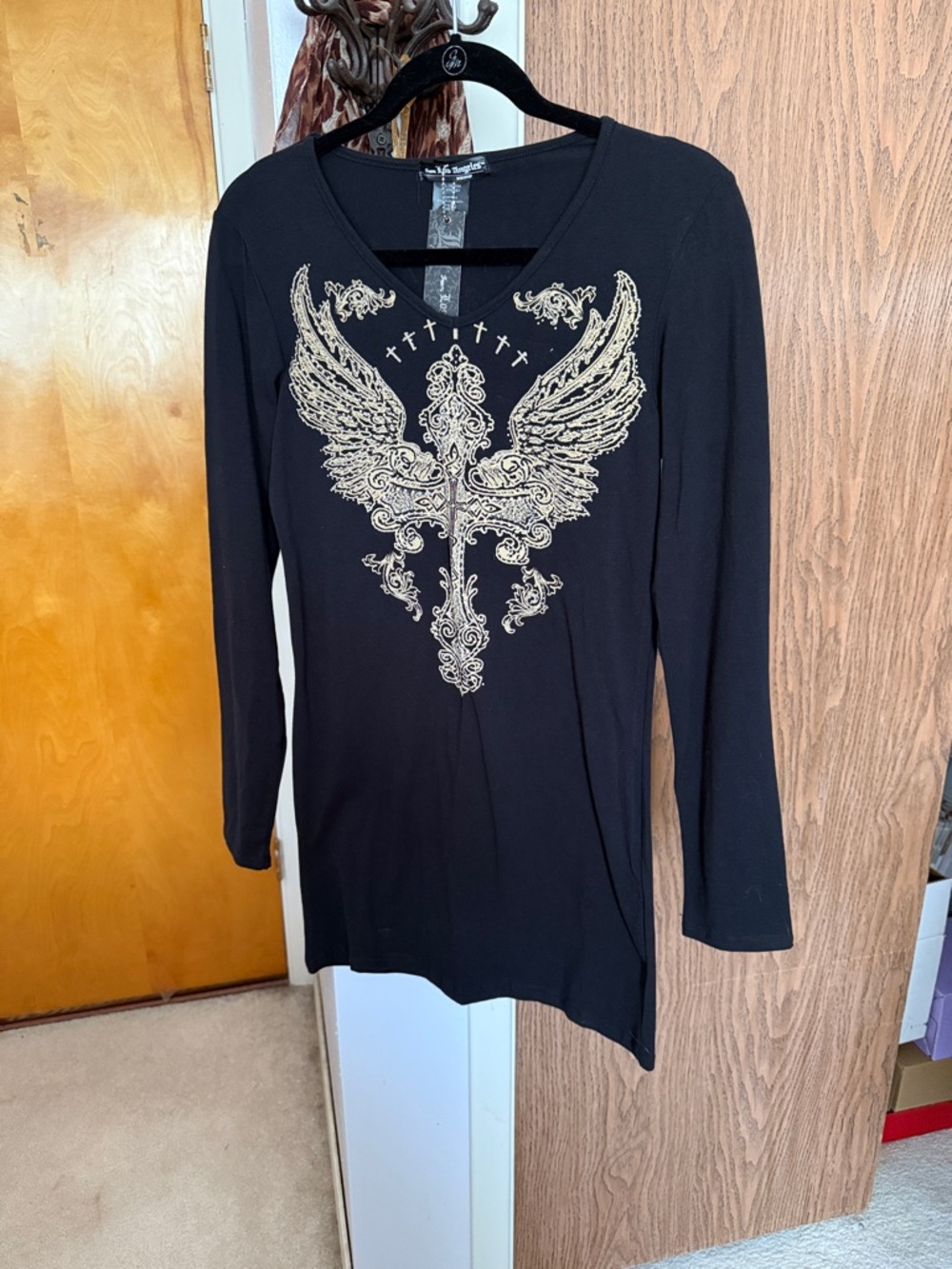 Women's Black Mini Dress with Gold Wing Motif